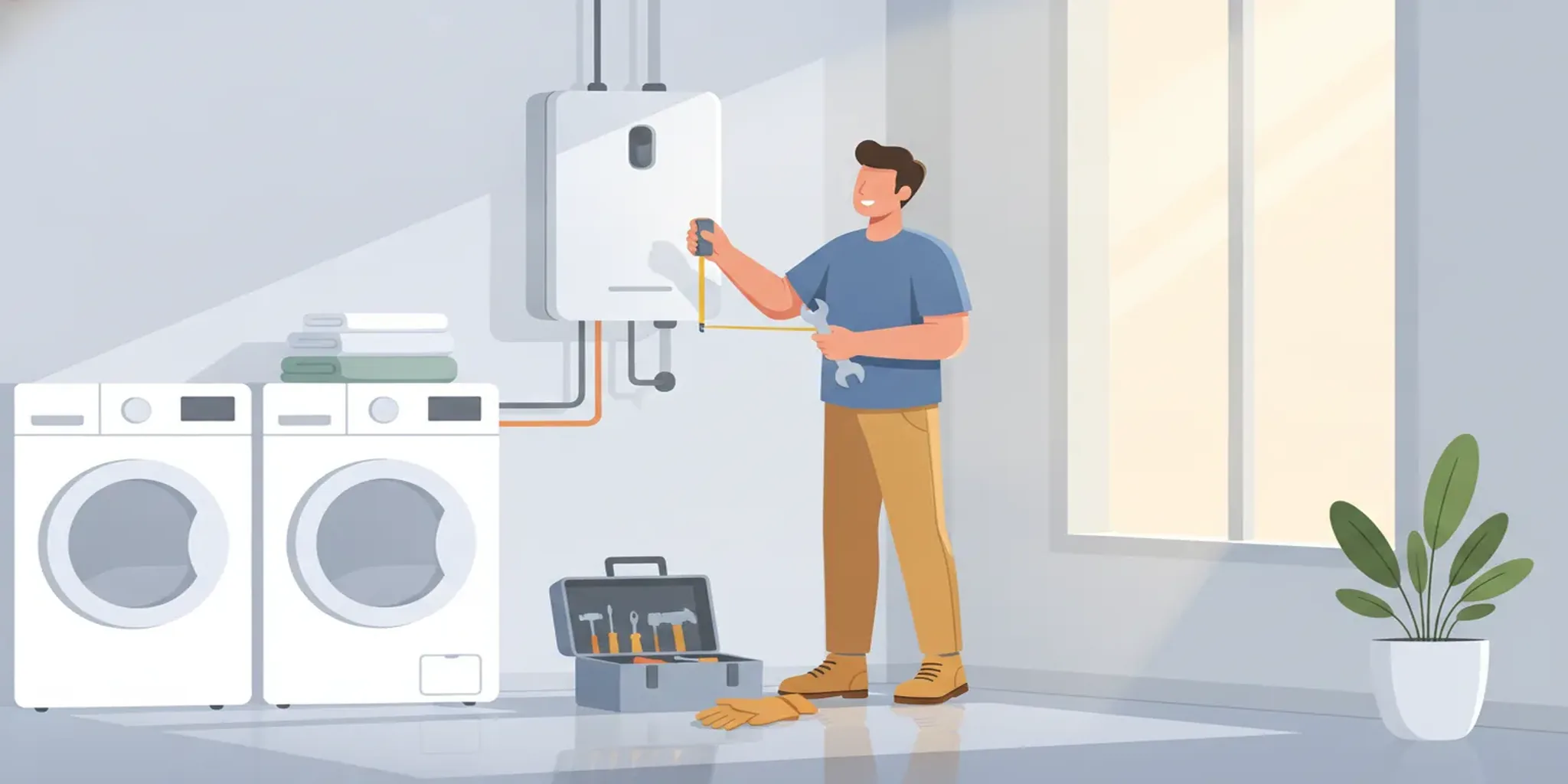 HVAC technician installing a wall-mounted tankless water heater in a Florida home utility room