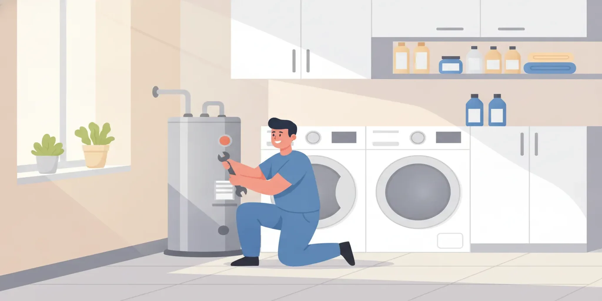 A licensed technician installing a new water heater in a bright Florida utility room