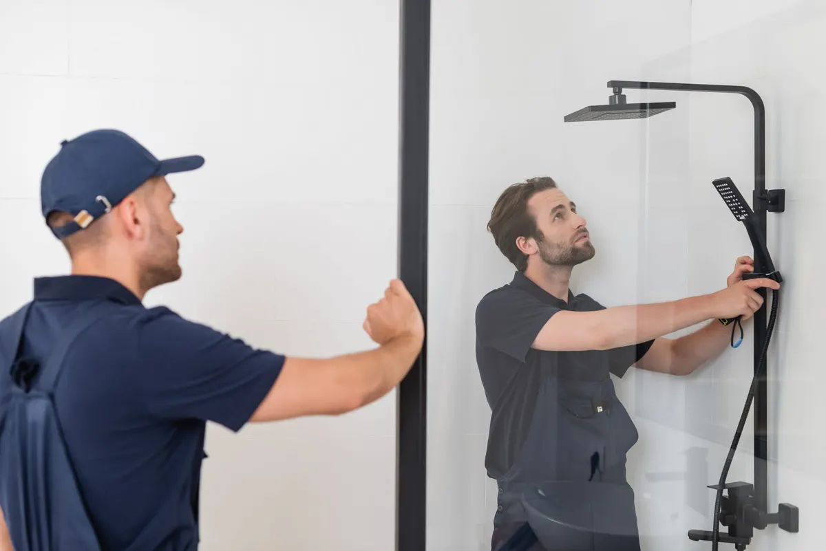 Plumber repairing bathtub plumbing