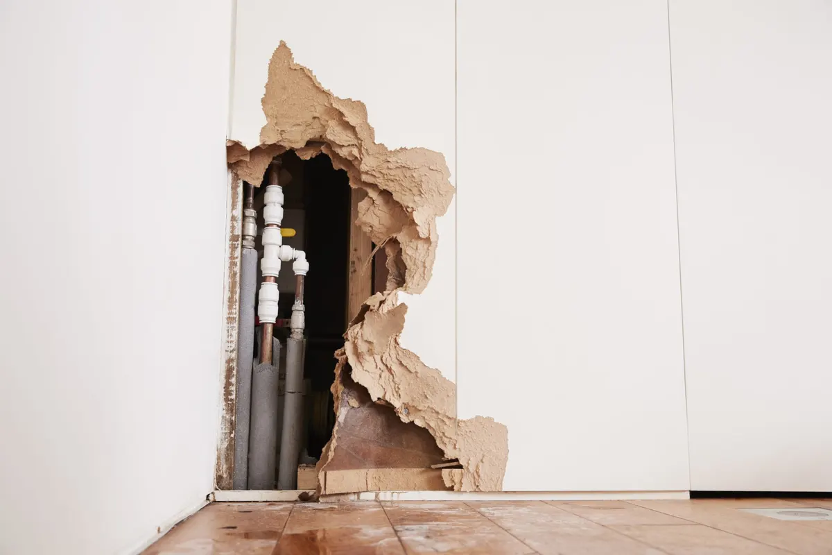 Damaged wall exposing plumbing pipes