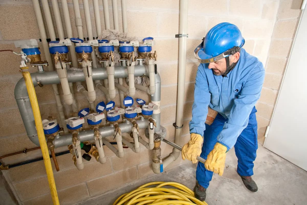 Commercial plumbing equipment in a mechanical area