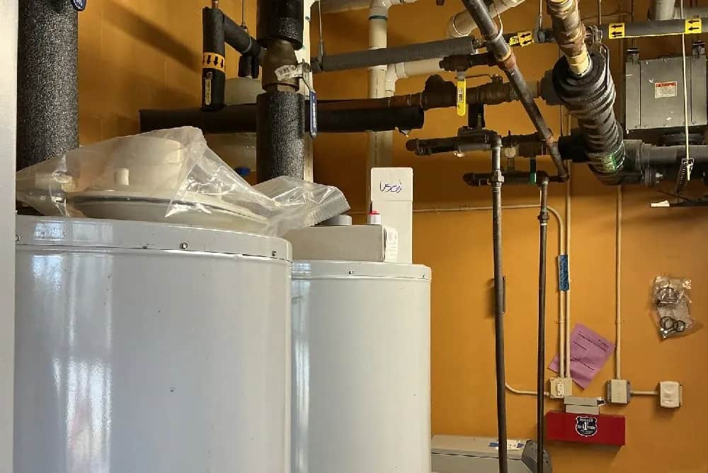 Newly serviced plumbing system with water heaters.