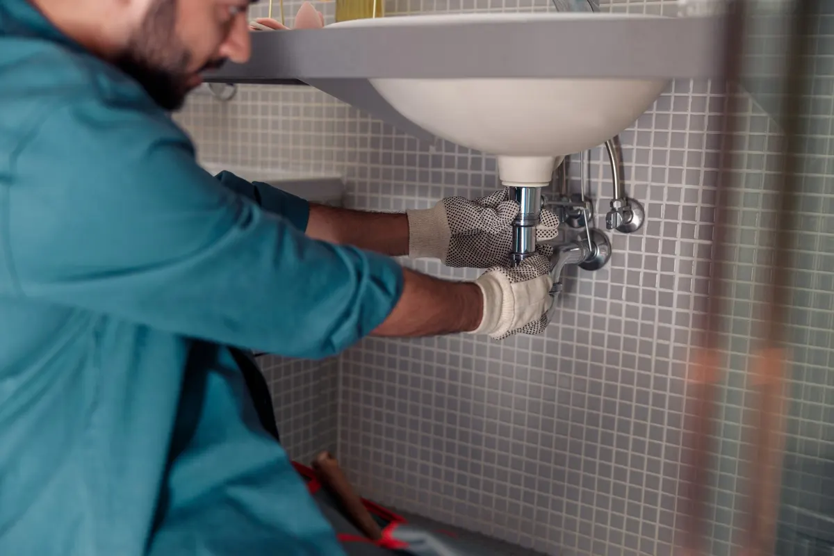 Plumber evaluating under-sink plumbing