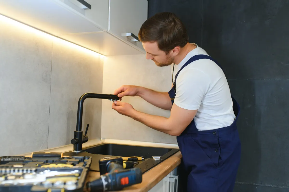Plumber repairing a sink drain under a cabinet