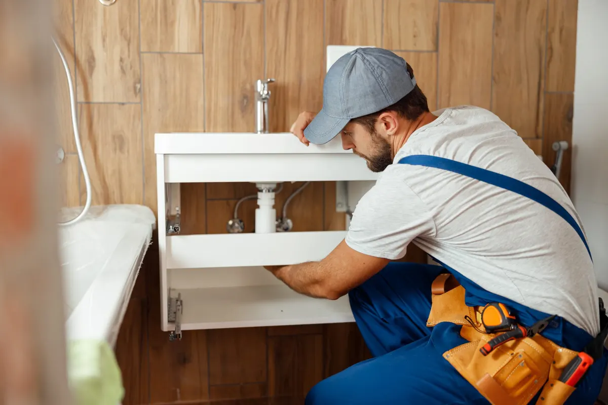 Plumber installing kitchen sink plumbing