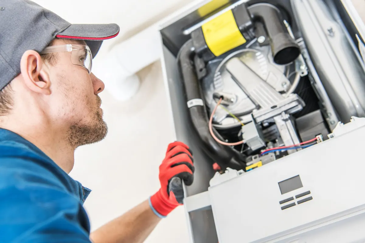 Technician checking a gas furnace during heating repair