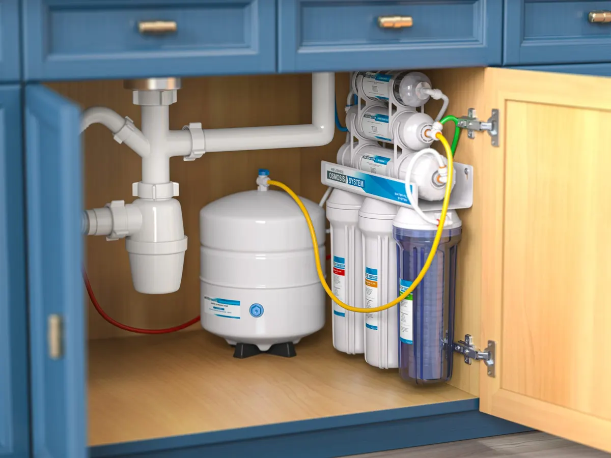 Reverse osmosis drinking water system under a sink