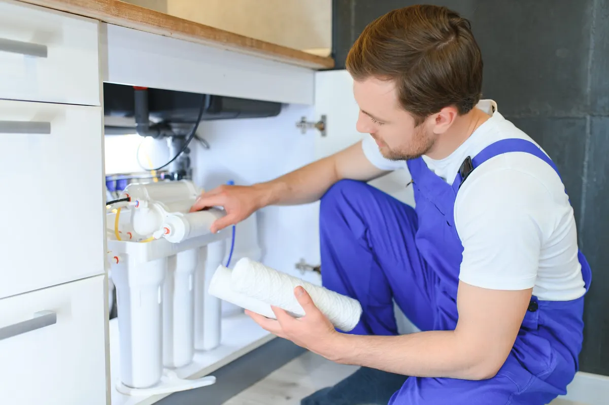 Technician servicing an under-sink water filtration system
