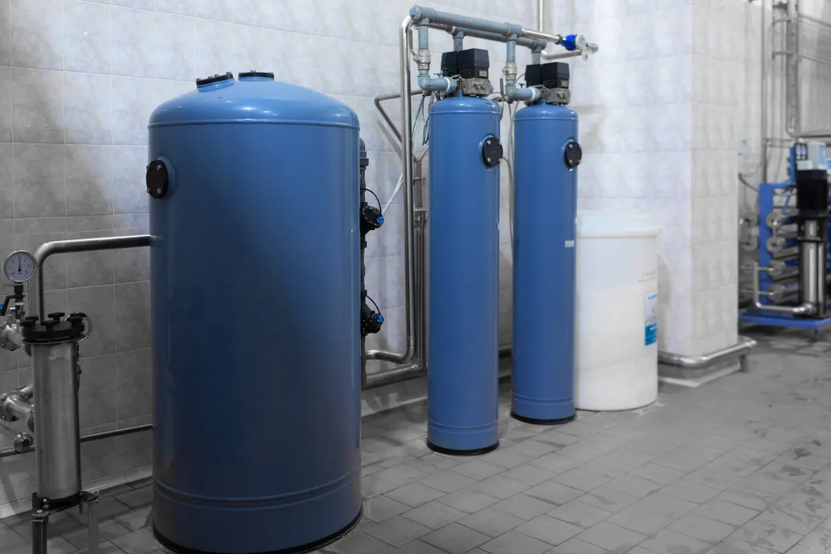 Plumbers working together on water treatment equipment