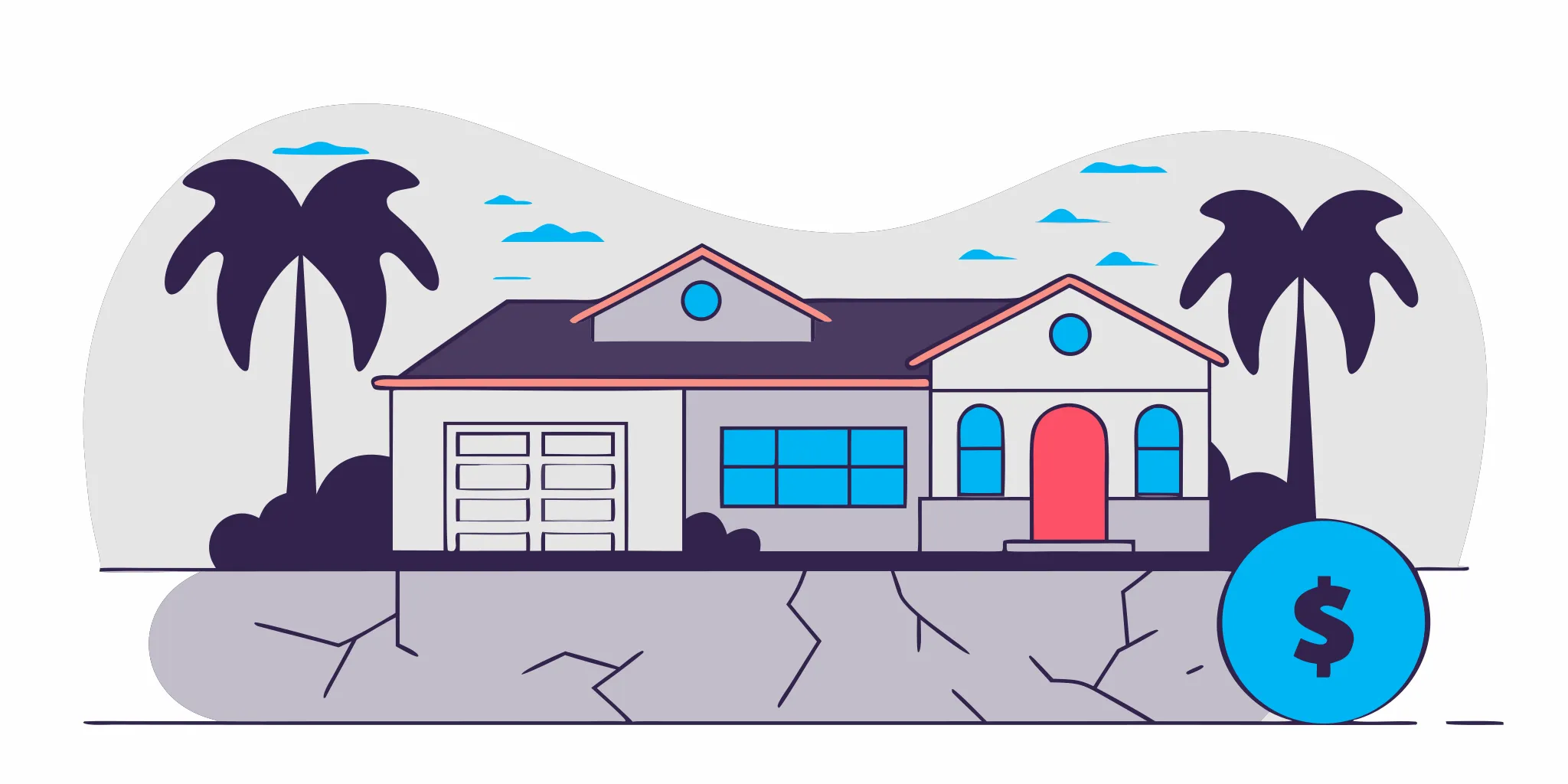 Illustration of a Florida home with concrete slab foundation showing warning signs of a water leak underneath