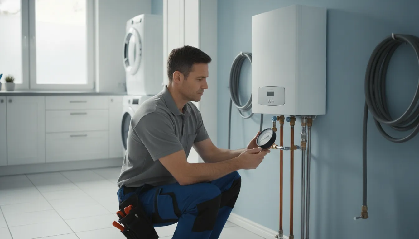 Plumber inspecting an installed wall-mounted tankless water heater with a gauge in a bright utility room