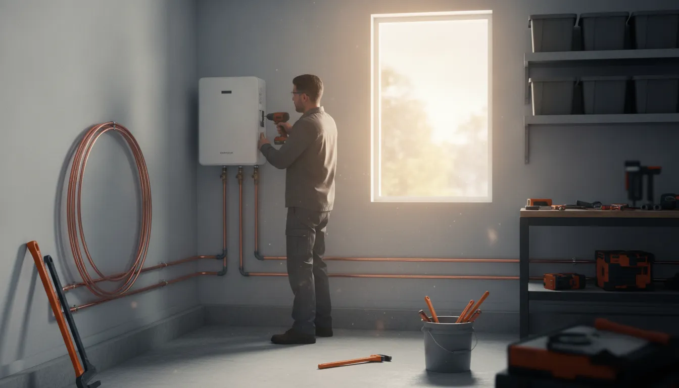 Compact wall-mounted tankless water heater with copper supply pipes in a tidy garage utility corner