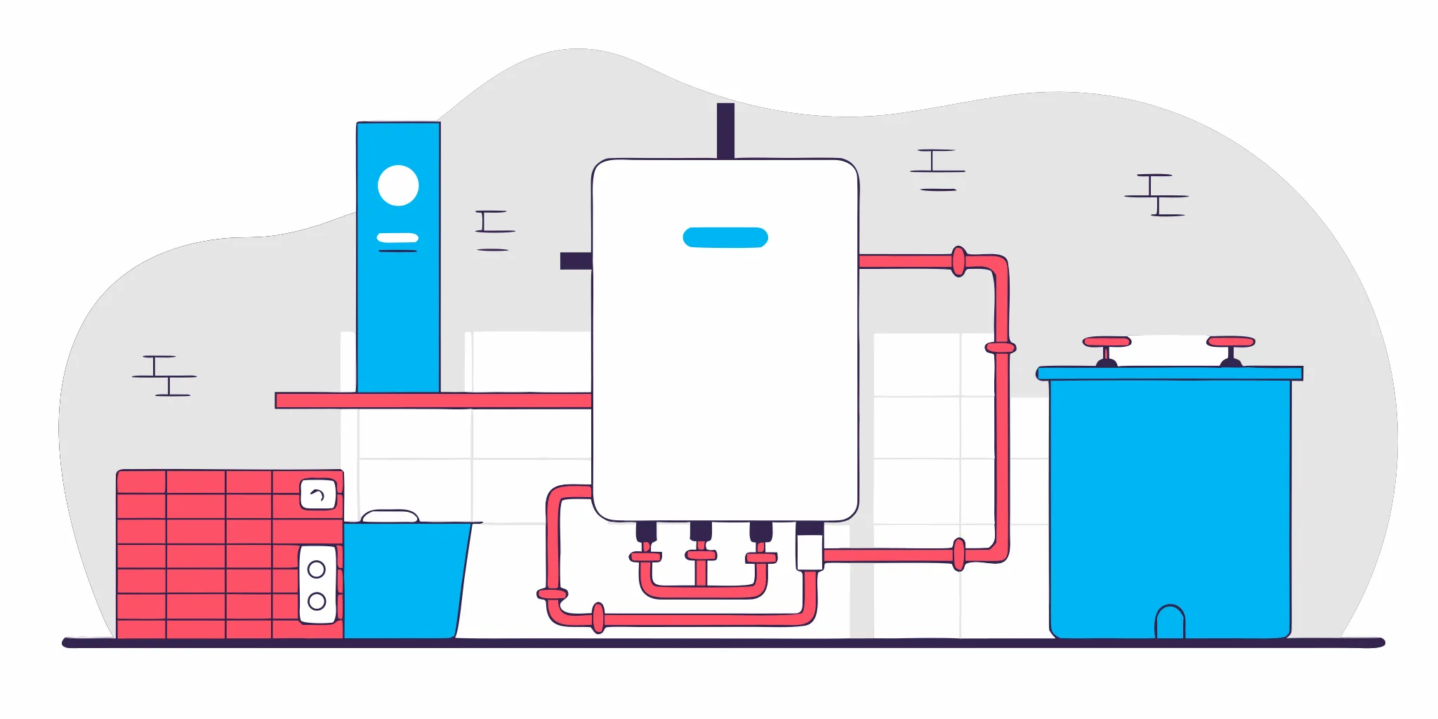 Tankless water heater mounted on a wall in a Treasure Coast Florida utility room with professional plumbing connections